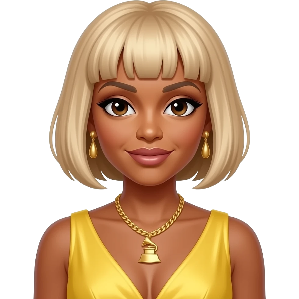 Tionne T-Boz Watkins from TLC with dark brown eyes, blonde bob hair, yellow grammy dress, necklace and earrings emoji