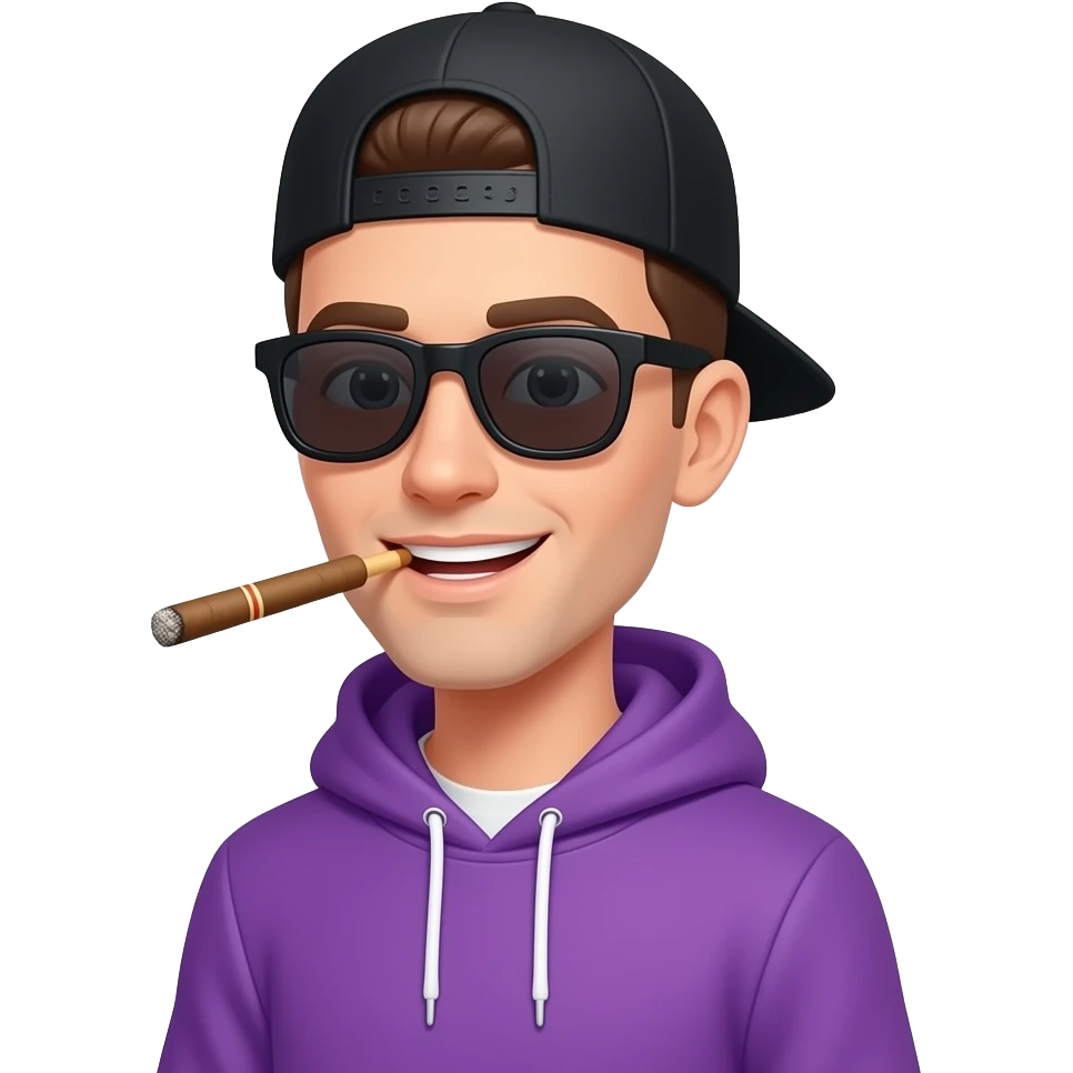 tall skinny guy with black basecap, purple hoodie, sunglasses is smoking  a blunt and smiles emoji