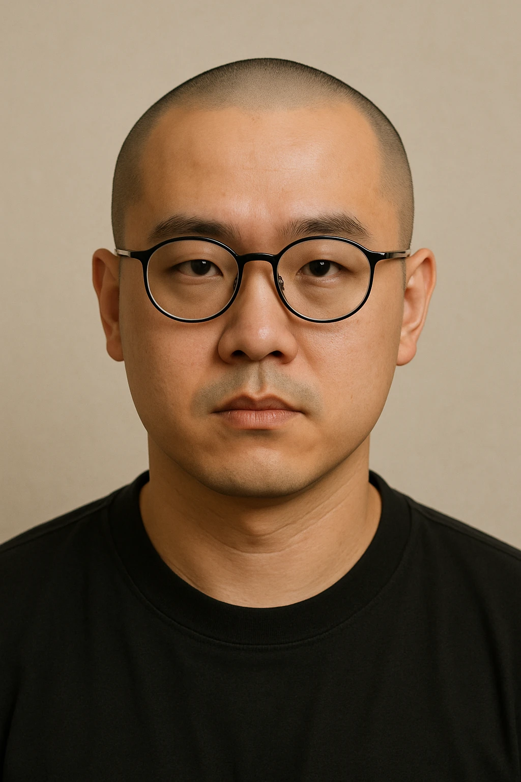 skinhead Asian man wearing glasses, neutral expression, simple background emoji