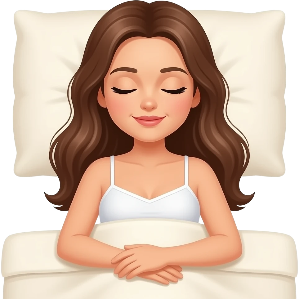 woman with brown long hair and white sleeping top with straps laying and sleeping in a cream white bedding emoji