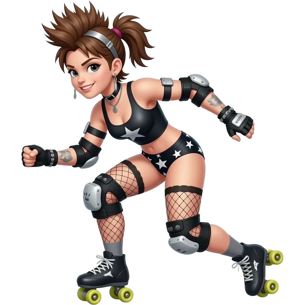 Rollerderby jammer in action in a punk and I don't give a fuck style with the star panty on the head emoji