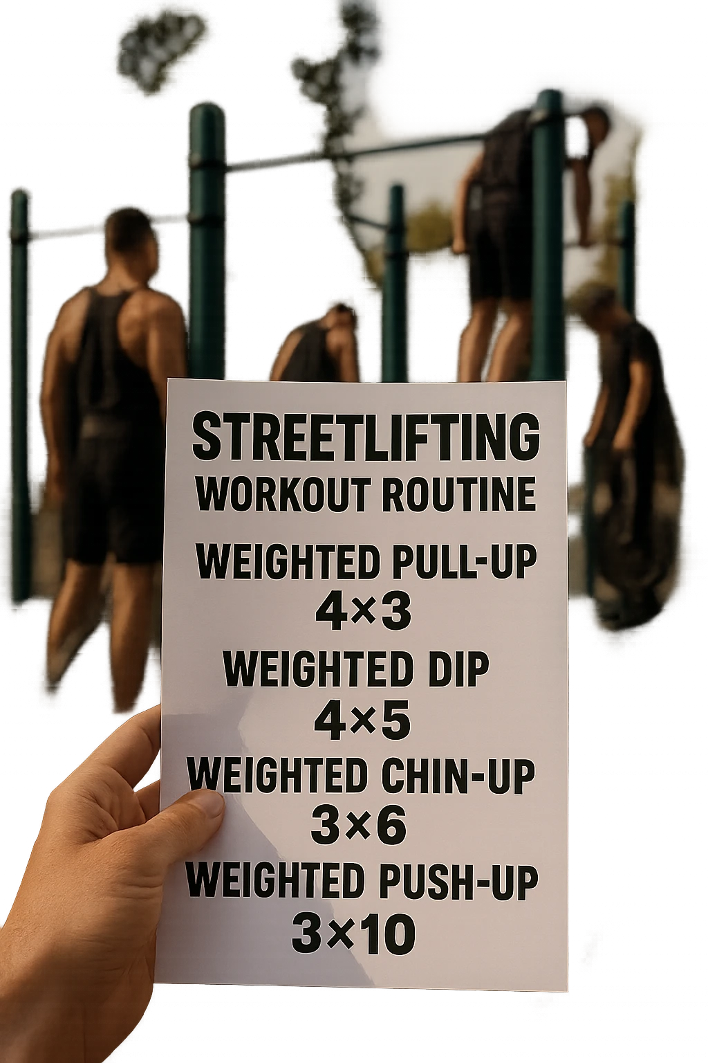 a close-up of a hand holding a printed streetlifting workout routine, with the exercises and sets written in bold text. In the background, an outdoor gym with pull-up bars, dip stations, and athletes wearing weighted belts. The lighting is natural, and the mood is motivational. emoji