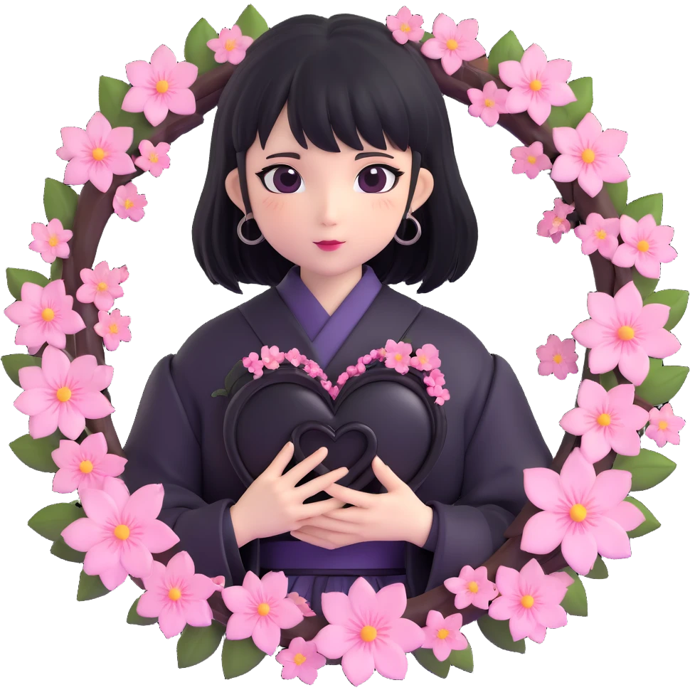 goth sakura heart, black heart with a ring of sakura blossoms, soft and romantic, no background emoji