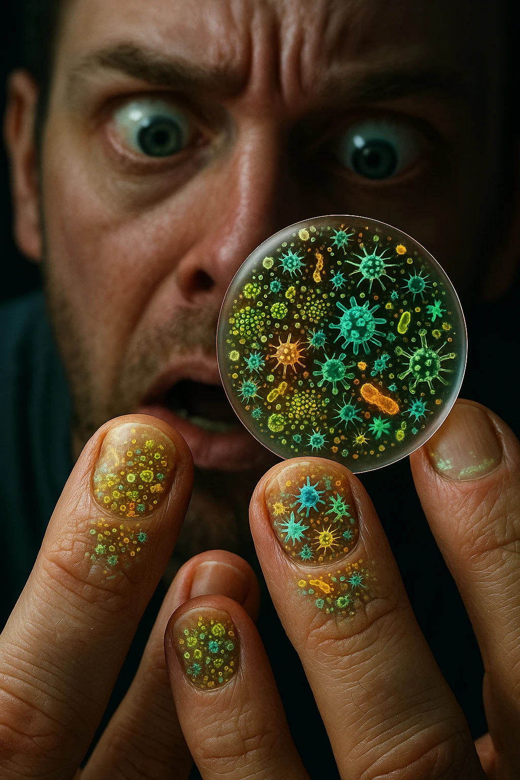 "Close-up macro shot of man's fingernails with transparent overlay showing dense colonies of bacteria, viruses, and parasites thriving in nail beds, millions of pathogens visible as glowing microscopic organisms, expression of shock as he examines his hands under magnification, nail debris containing more germs than toilet water, fingertips becoming mobile germ factories" emoji