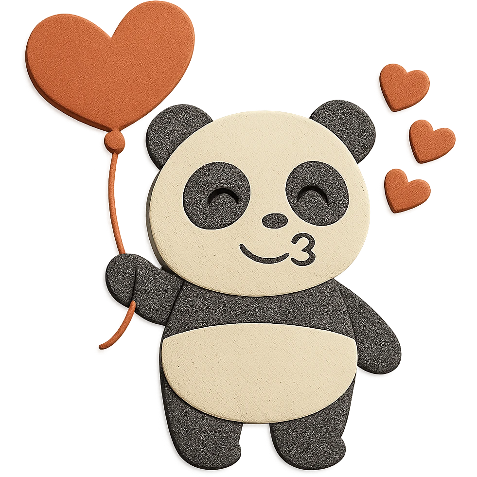 Make the panda's eyes and mouth look like it's smiling and blowing a kiss, keep the design, pose, heart-shaped balloon, hearts, and paper-craft style unchanged emoji