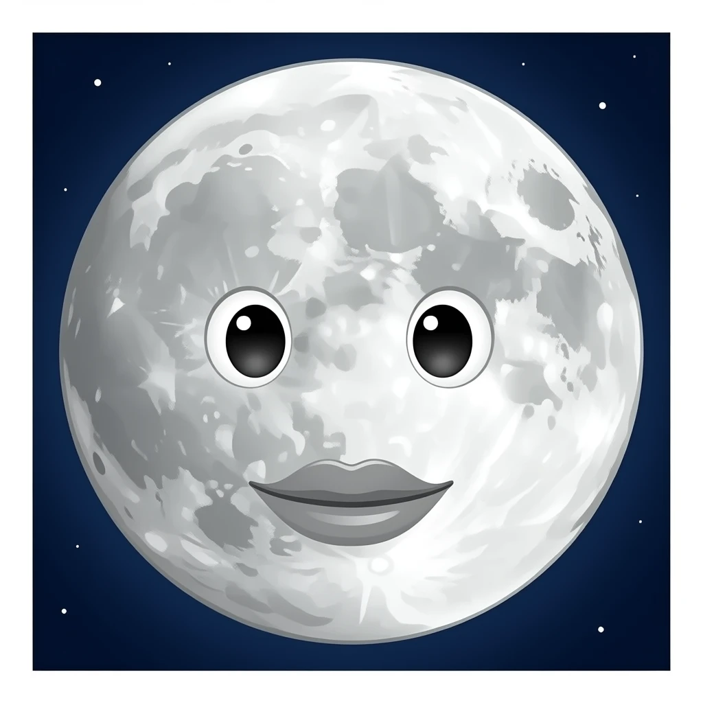 planet Moon with a cartoon kind face with smaller feminine eyes and round craters for the moon. gray moon colored lips emoji