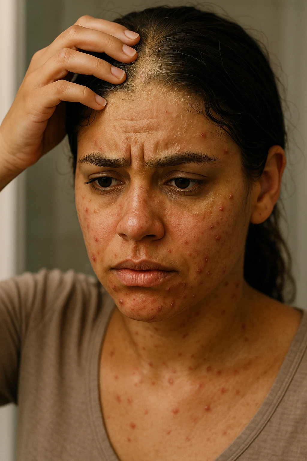 A highly realistic, cinematic close-up portrait of a young woman in her late 20s with medium skin tone, displaying visible folliculitis and seborrheic dermatitis. Small, red, inflamed follicular papules and pustules are scattered along her hairline, jawline, and upper neck, indicating folliculitis. Her scalp and areas around the nose and eyebrows show flaky, greasy yellowish scales, with redness and irritation, indicating seborrheic dermatitis. Her hair appears slightly greasy and clumps near the scalp, emphasizing excess sebum production. She gently touches her irritated scalp with concern while looking at herself in a softly lit bathroom mirror, expressing discomfort and frustration. The environment is neutral and clean, with daylight softly illuminating the scene to highlight the skin and scalp texture. The style is 35mm hyperrealistic, with warm neutral tones and shallow depth of field to maintain focus on her skin, inflammation, and emotional expression, visually explaining the physical discomfort and aesthetic concerns of living with folliculitis and seborrheic dermatitis emoji