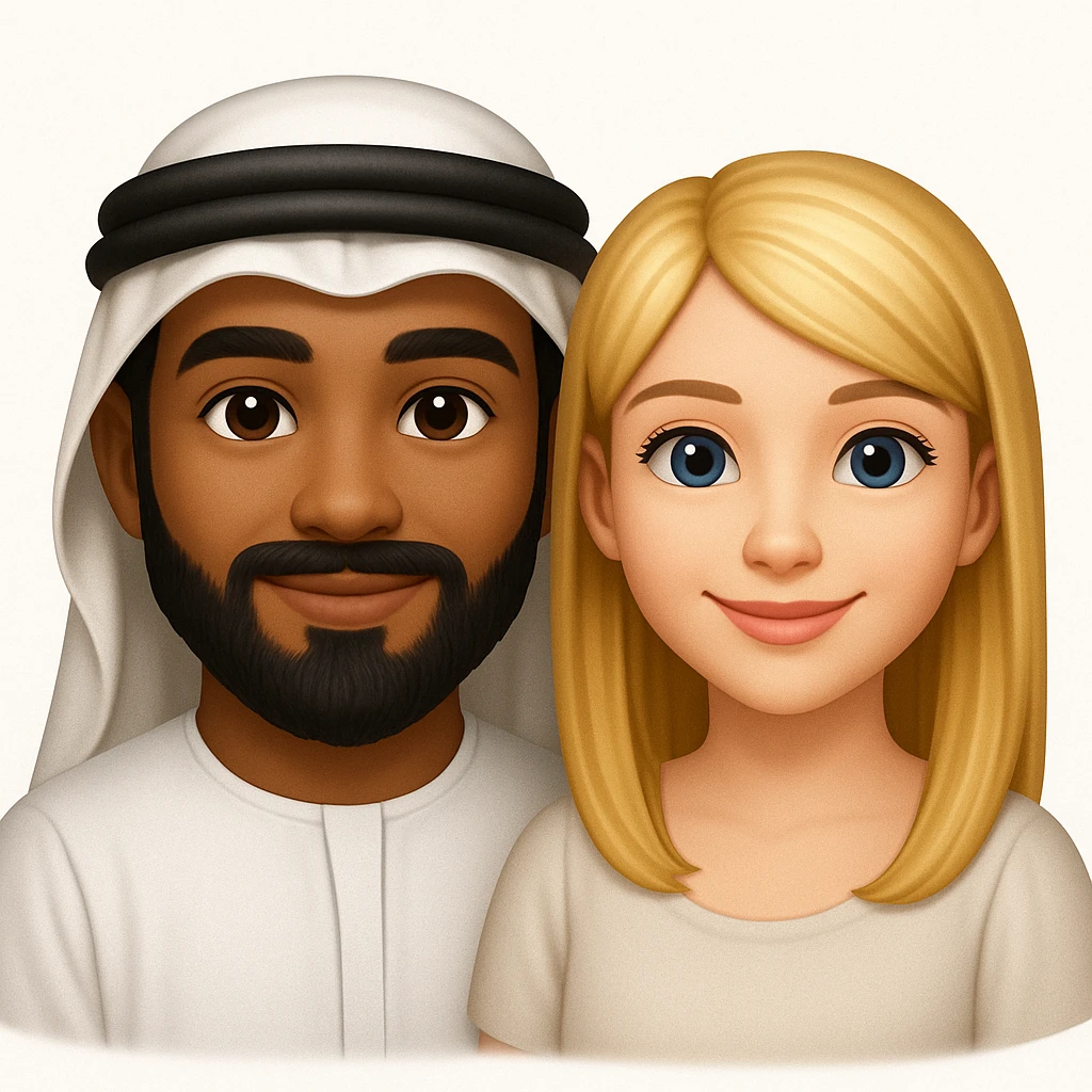 Сгенерируй мне в стиле детализированного емодзи пару, где мужчина с черной бородой и в арабском одеянии и чуть со смуглой кожей, а девушка чистая славянка, блондинка  emoji
