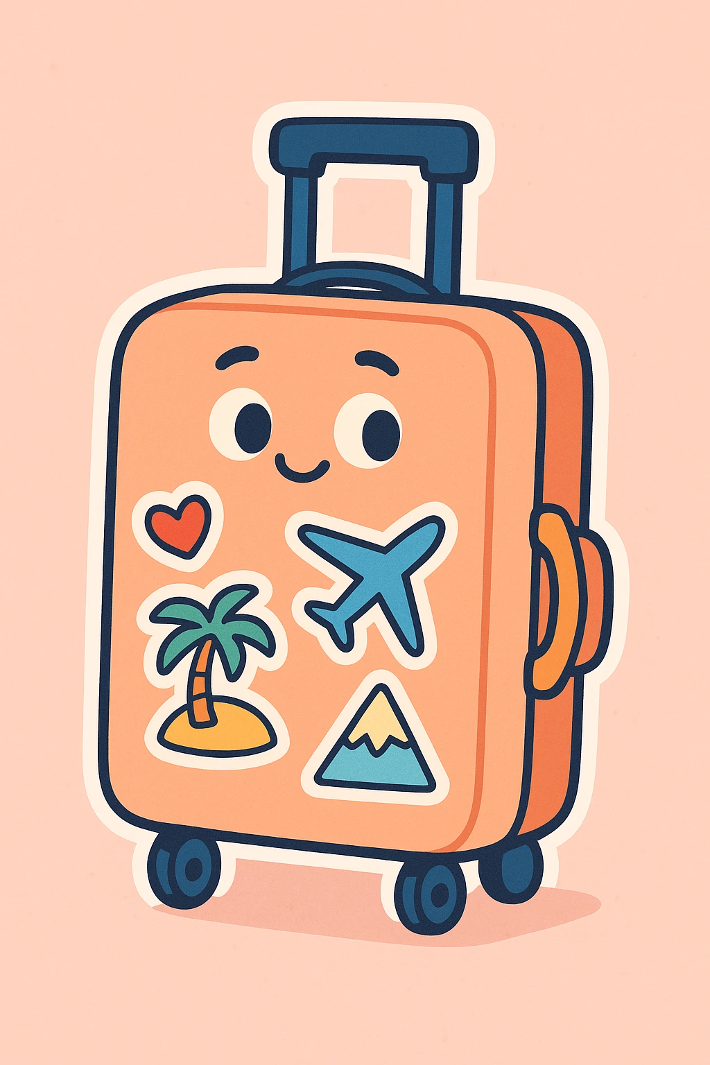 cartoon pastel rolling suitcase with travel stickers, bold clear outlines, flat colors, sharp graphic shadows and highlights, white sticker border, cute hand-drawn style emoji