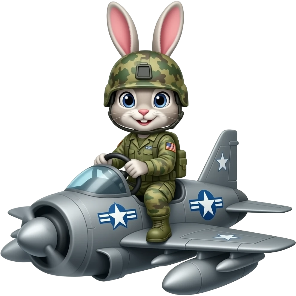 bunny in army fatigues driving a fighterplane text Killer Bunnies on bumper emoji