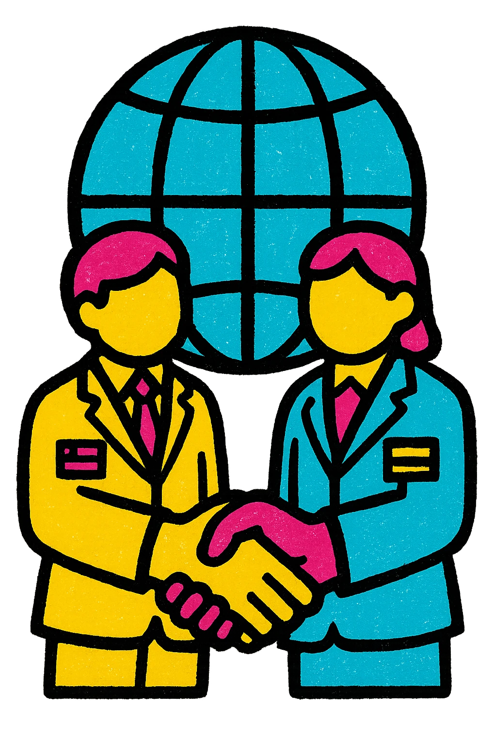 A colorful icon of a handshake between two businesspeople from different countries with a globe in the background, using colors #1E90FF, #F13816, and #FFFFFF emoji