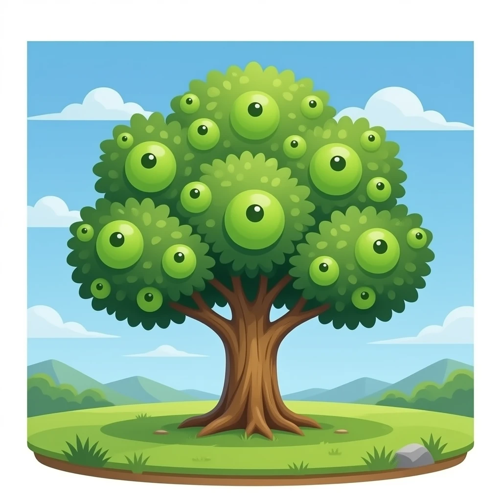 A tree with a bunch of green pupils on it and with no bush on the bush emoji