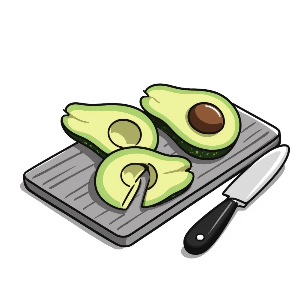 chopped avocados on a cutting board, hand drawn style, soft lines, green and brown colors, no text emoji