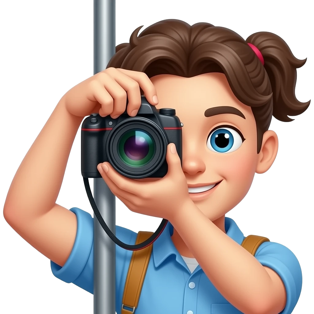 Personne en train de nous regardant avec une caméra derrière un gros poteau emoji