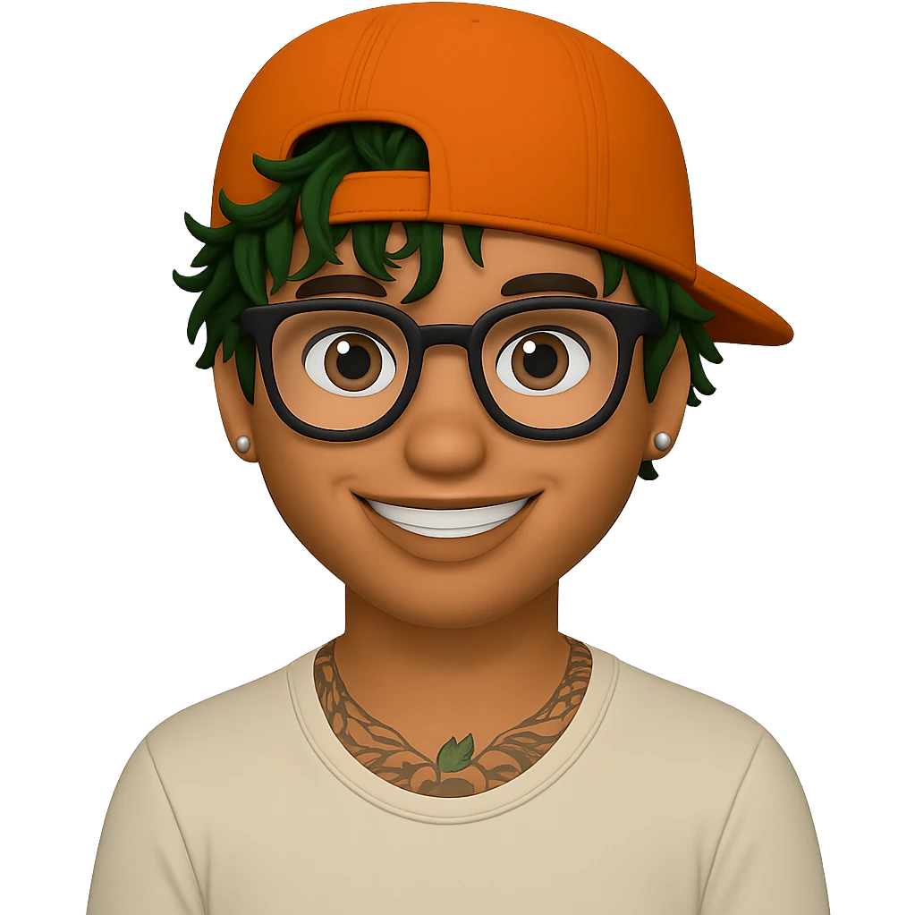 Make the orange cap's visor clearly visible on the back of the head, add more messy green hair in front, and put a small Nike logo on the front of the cap. Keep the street style and big smile. Transparent background. emoji