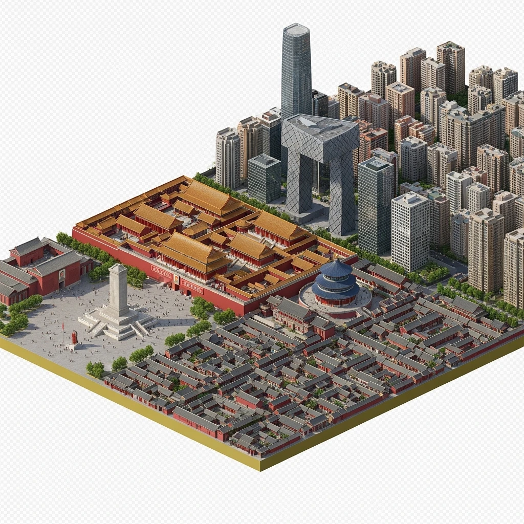 Isometric miniature of Beijing Forbidden City, Tiananmen Square, CCTV Headquarters, Temple of Heaven, and crowded hutong alleys, sprawling apartment blocks, smoggy skyline, 3D miniature effect and Tilt Shift effect, no cartoonish look, transparent background. emoji