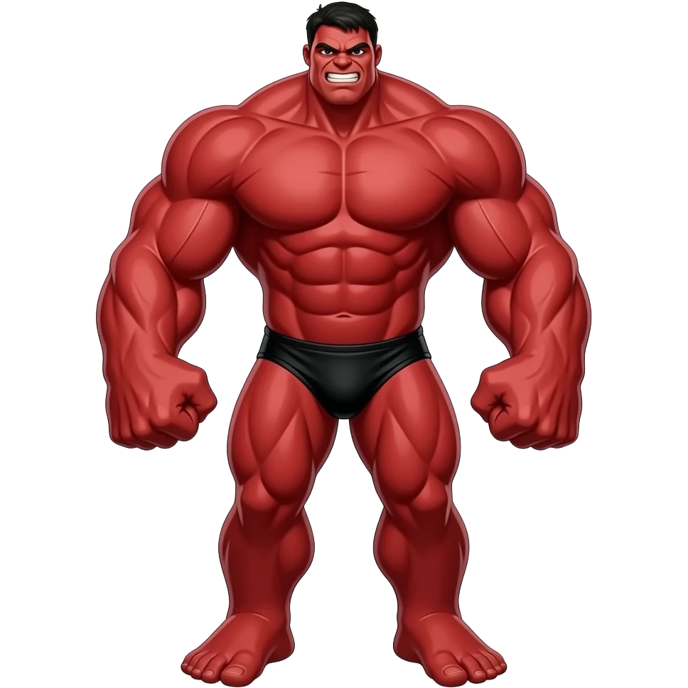 Massive very tall muscular red Hulk in black male bikini full body image realistic emoji