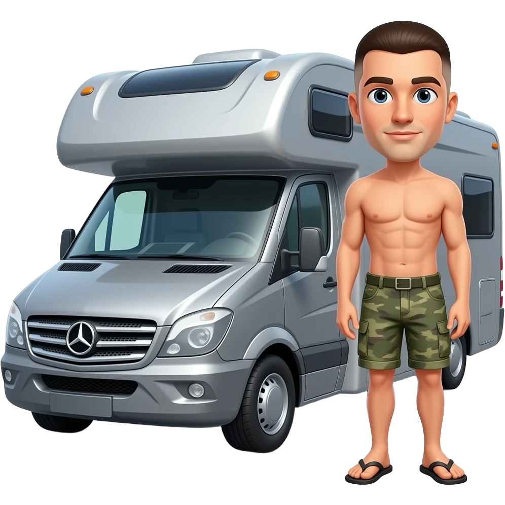 Add Slim man with military cut dark haired man in shorts and flip flops standing next to a grey Mercedes road style rv emoji