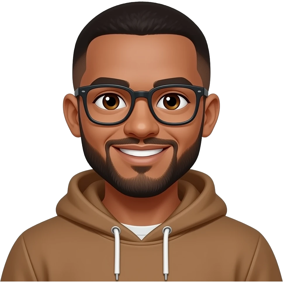 caramel skin man in his 20s with buzzcut. dark brown eyes. beard. glasses. smiling. wearing a hoodie. emoji