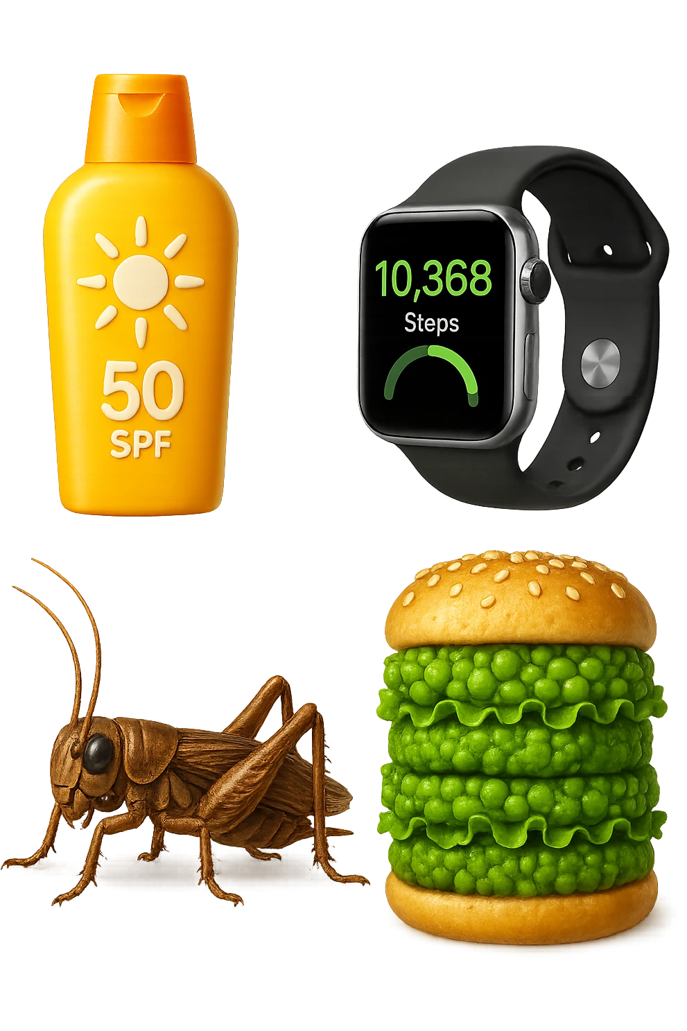 emoji stile iphone di una boccetta di CREMA SOLARE, UNO SMARTWATCH CONTAPASSI, UN GRILLO, UNA TORRETTA DI HAMBURGER FATTI CON I PISELLI, IPERREALISTICO 4K emoji