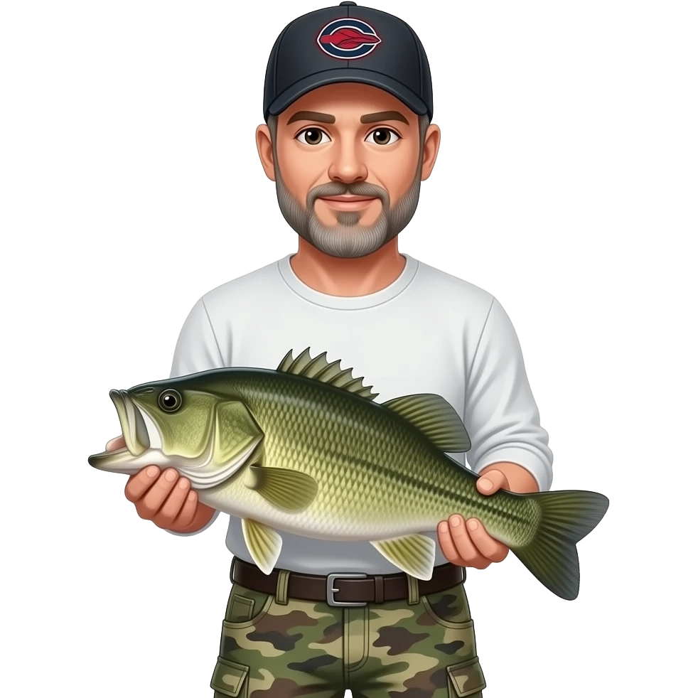 an adult man with a gray beard with a white long sleeve T-shirt, and camouflage carpenter shorts and Us gamecock baseball hat holding a bass fish emoji