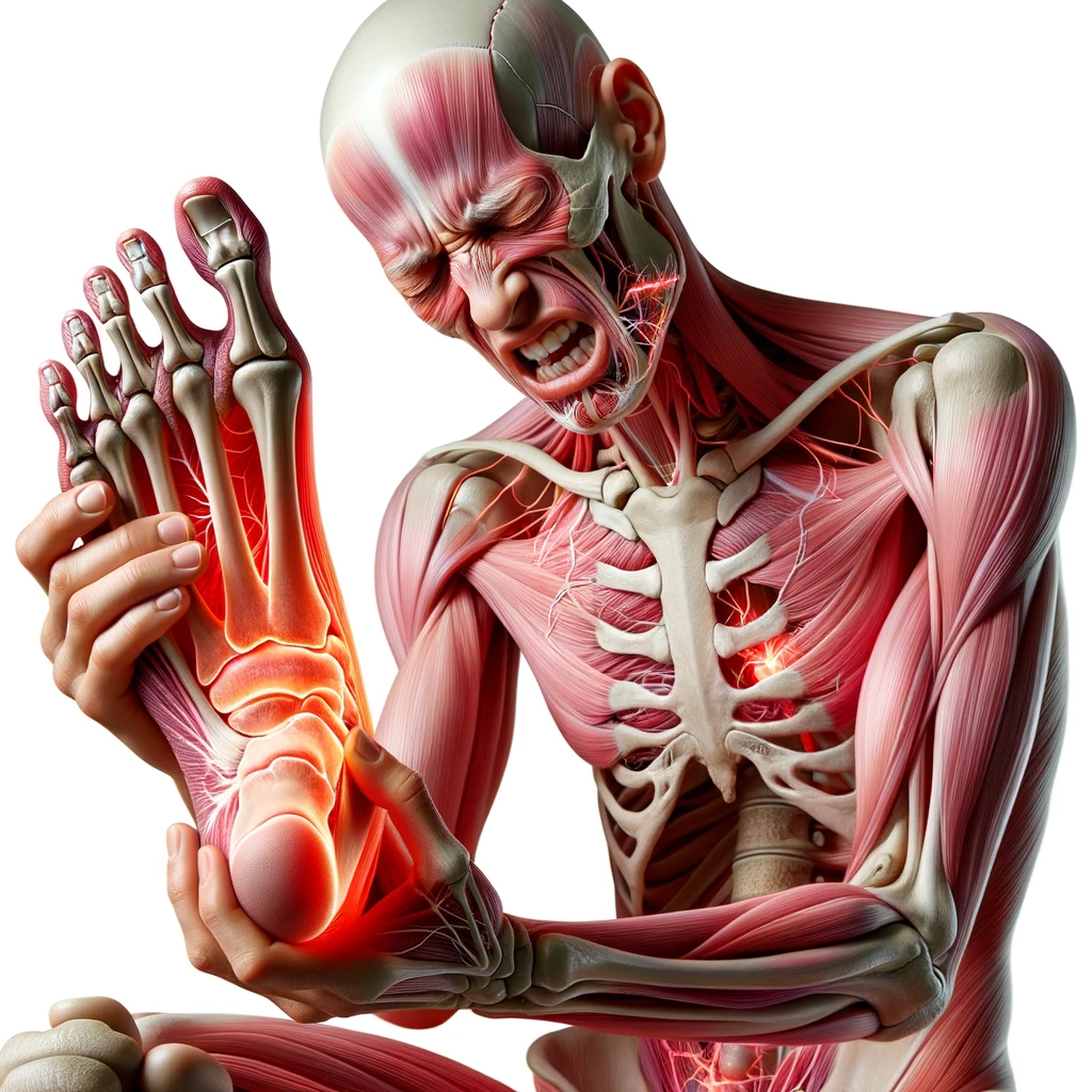 corpo umano anatomico con espressione di dolore in volto che si tiene il piede tra le mani perché ha dolore al piede, iperrealistico 4k, isolato su sfondo bianco emoji