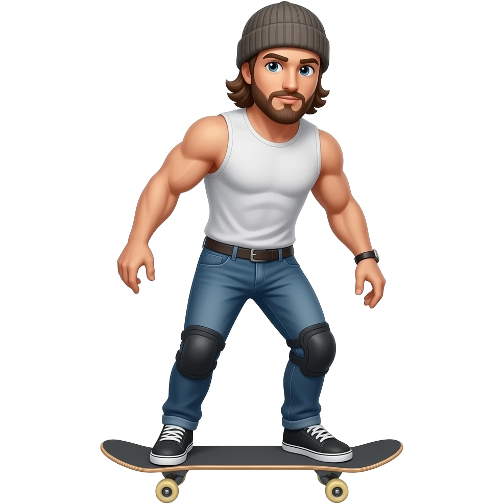 Muscular lean long brown hair man with beanie skeboarding emoji