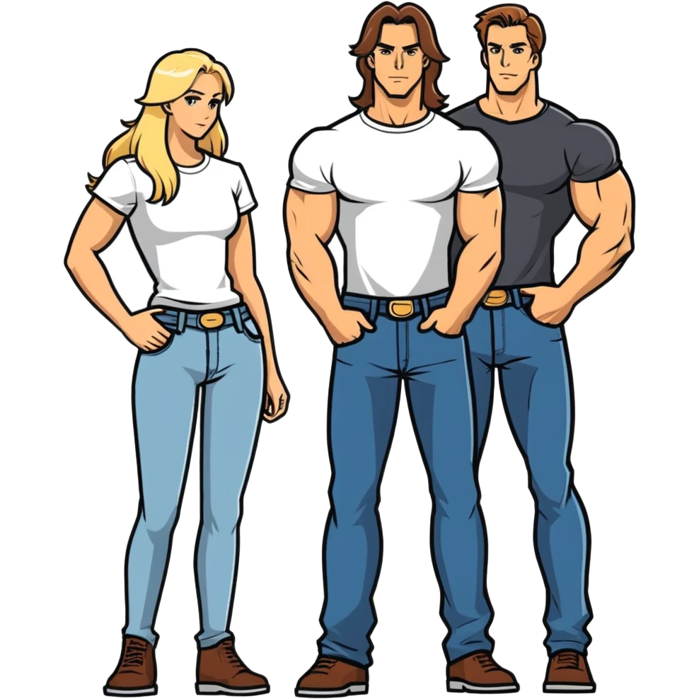 Take out the third leg Two people together, a 35 year-old tall muscular man with brown hair and a shorter blonde woman long hair also very good shape getting married next month. I don’t want them in wedding garb jeans and a T-shirt that show off their bodies would be best. emoji