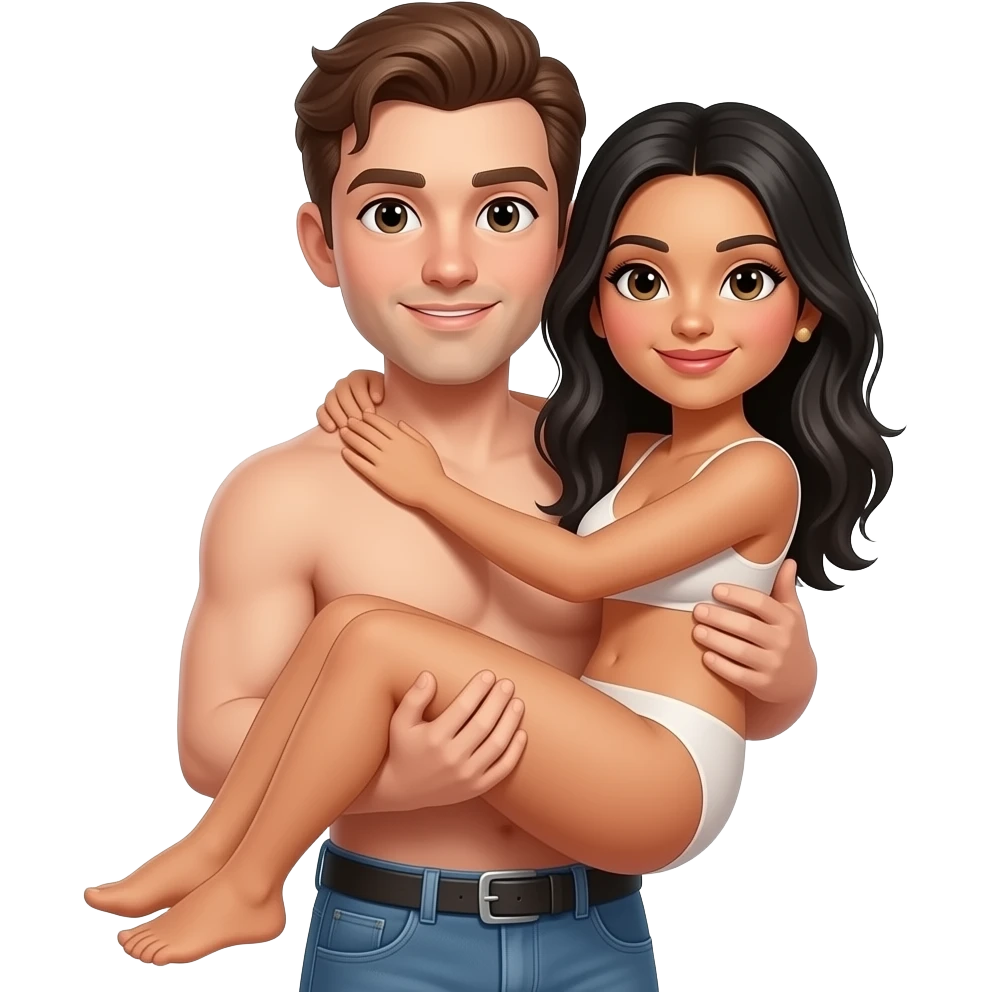 A white man with brown hair holding and a Hispanic woman with black hair nude emoji