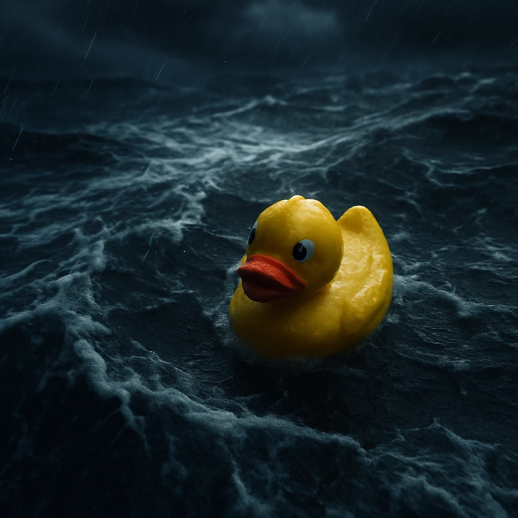Cinematic still, Extreme Closeup shot of Yellow duck toy on ocean during storm, Camera from top, inspired by interstellar emoji