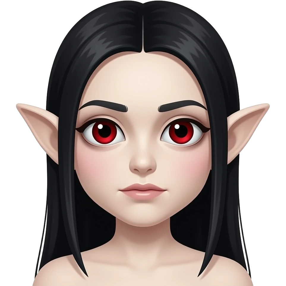 사악한 흰 피부. 붉은 동공. 살색 커다란 귀. 큰 눈. 창백한. 붉은 눈. 붉은 홍조. 사악한 검정 머리.무표정. 가르마 긴 생머리. emoji