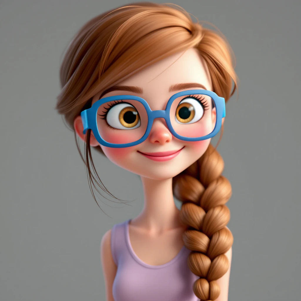 3D Disney style character of a girl with brown hair in a braid, blue glasses, and a happy expression, referencing the provided image emoji