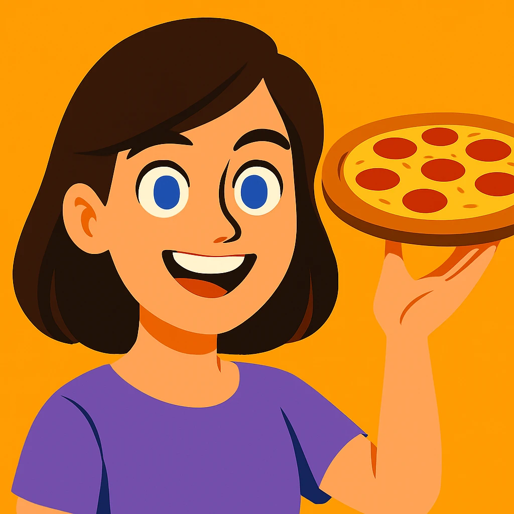 Darken the hair, change the shirt to light purple, and position her hand up and to the side as if she's carrying a pizza, maintaining the same vibrant toon cartoon style. emoji