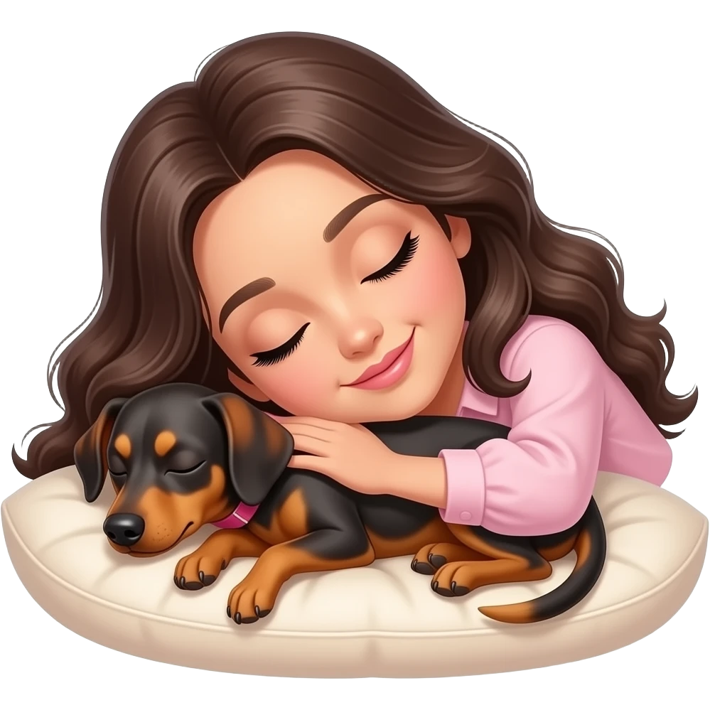 A girl with long, wavy, dark brown hair, brown eyes, fair to medium skin, long eyelashes, light pink lipstick, smiling, wearing a light pink blouse, sleeping with a brindle pinscher dog on a cozy cushion. emoji