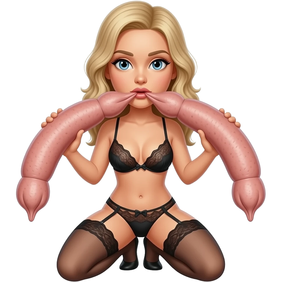 Female on her knees wearing lingerie holding two large erect circumcised penises Next to her mouth emoji