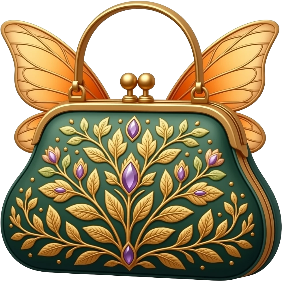 An elegant fairy handbag in deep green and warm amber-orange, adorned with botanical embroidery, delicate gold details, curved floral lines, and subtle violet gemstone accents, rendered in a sophisticated botanical fantasy style. emoji