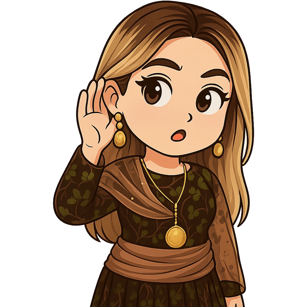 Kurdish cartoon sticker of the same woman in the new dress, curious face, raised eyebrow, hand to ear as if asking 'what's up?', no text, transparent background emoji
