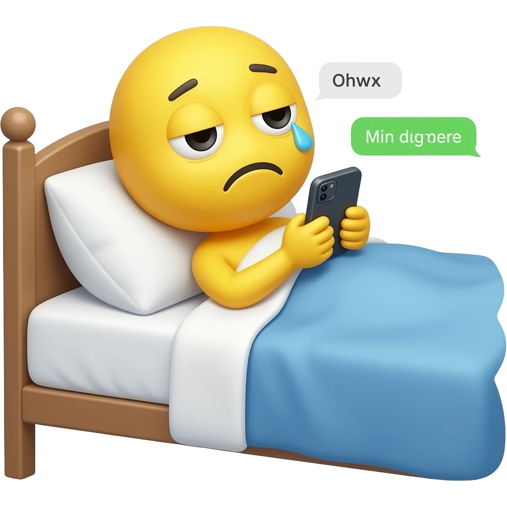 Yellow emoji face that looks tired & sleepy with 1 eye open & 1 eye shut reading phone messages in bed emoji