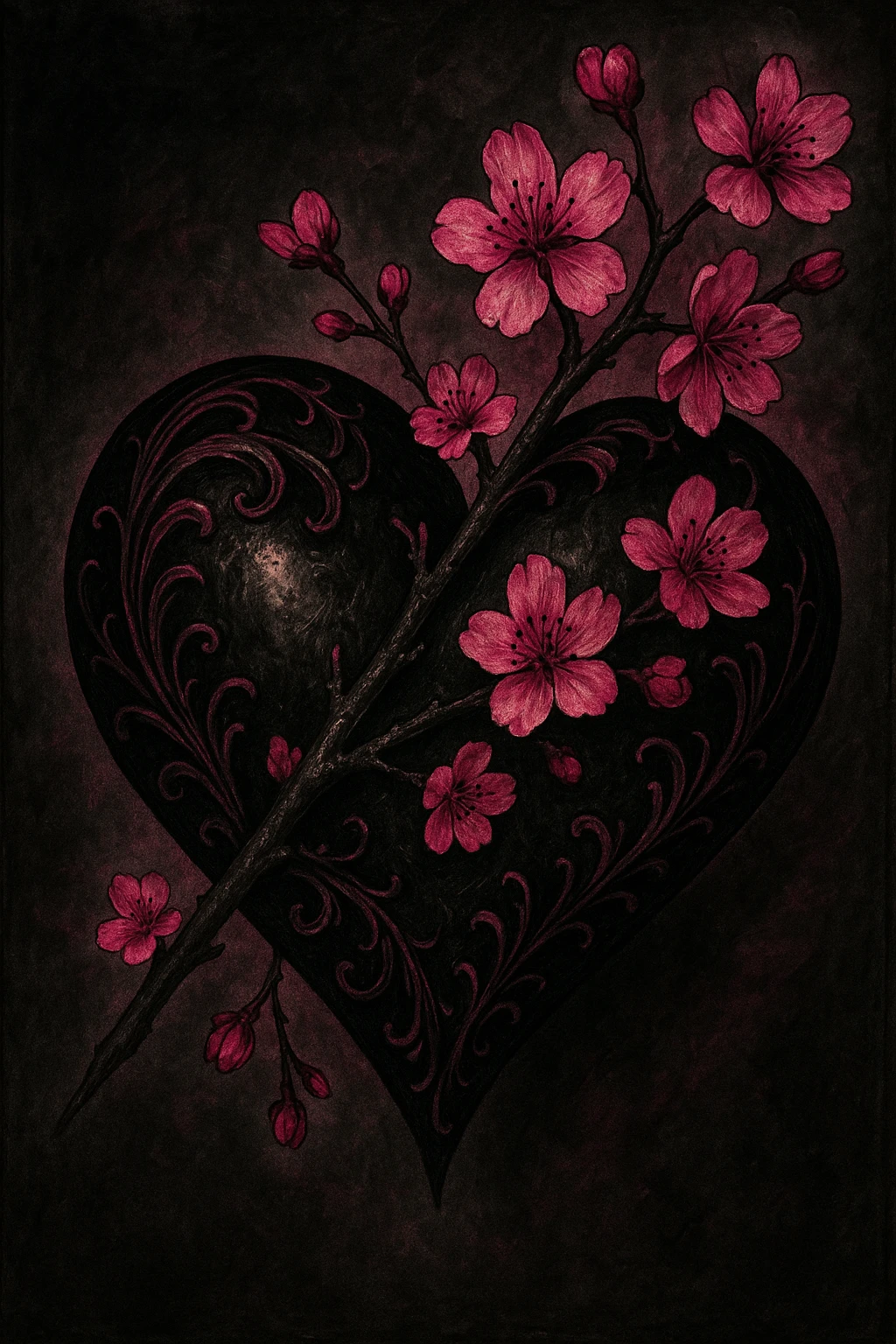goth sakura heart, heart pierced by sakura branch, black and magenta colors, gothic romance, intricate details emoji