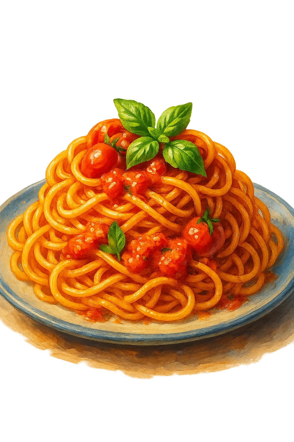 В слега рисованном, но при этом ярком и объемном стиле сгенерируй картинку сочной итальянской пасты, профессионально выставленный свет, который подчеркивает объем, прозрачный фон emoji