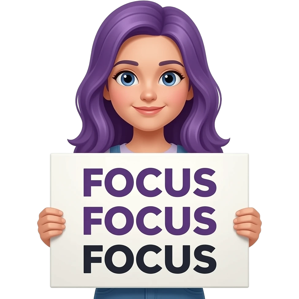 girl with long purple hair with a FOCUS FOCUS FOCUS sign emoji