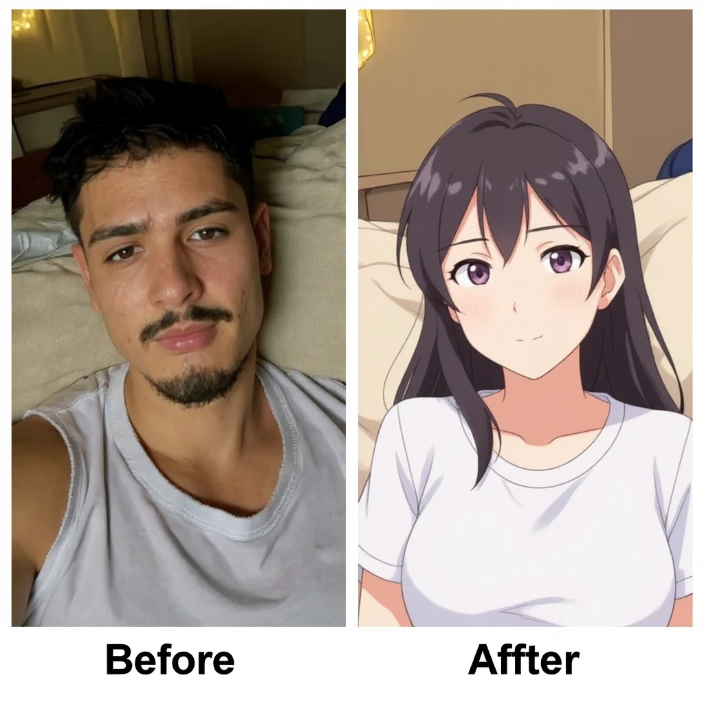 create before after image of a girl before is realsitic photo, after is anime version of her in same pose and clothes, add logo with text of a "FLUX Kontext Pro" emoji
