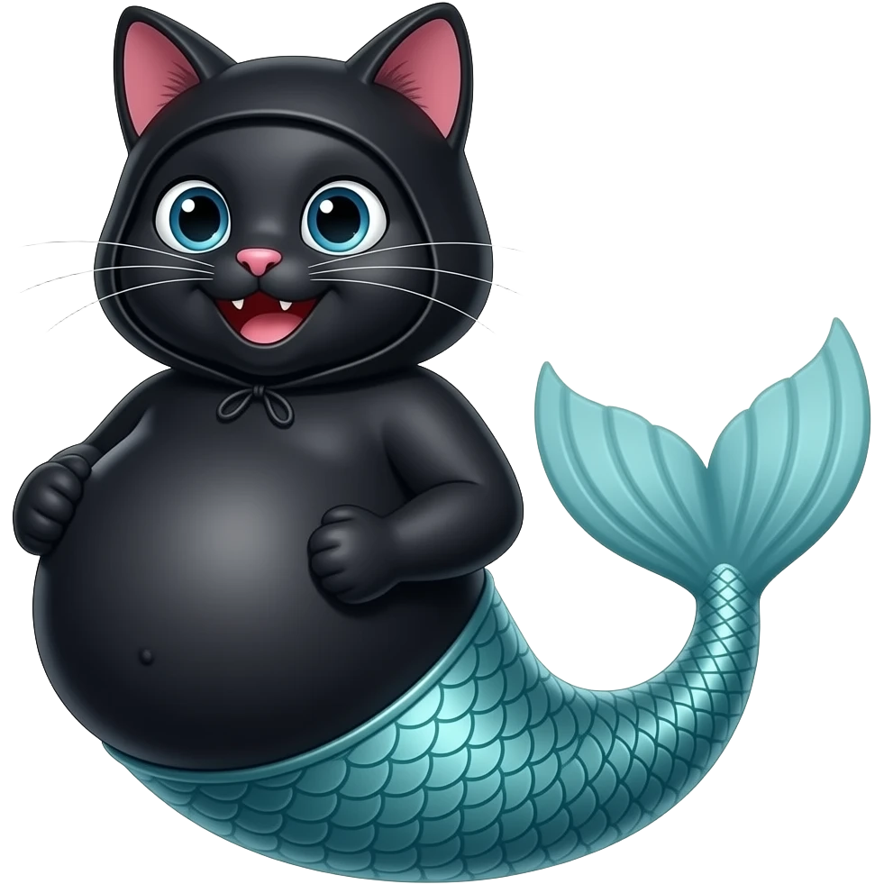 Giant black cat mermaid costume happy with a  very huge pregnant belly and huge bulging tail emoji