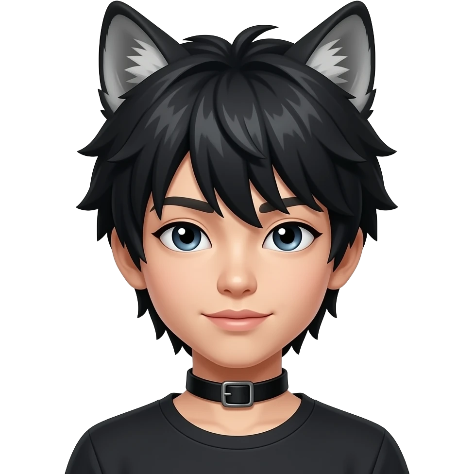 wolf boy black hair human face asian feminine add black collar emoji