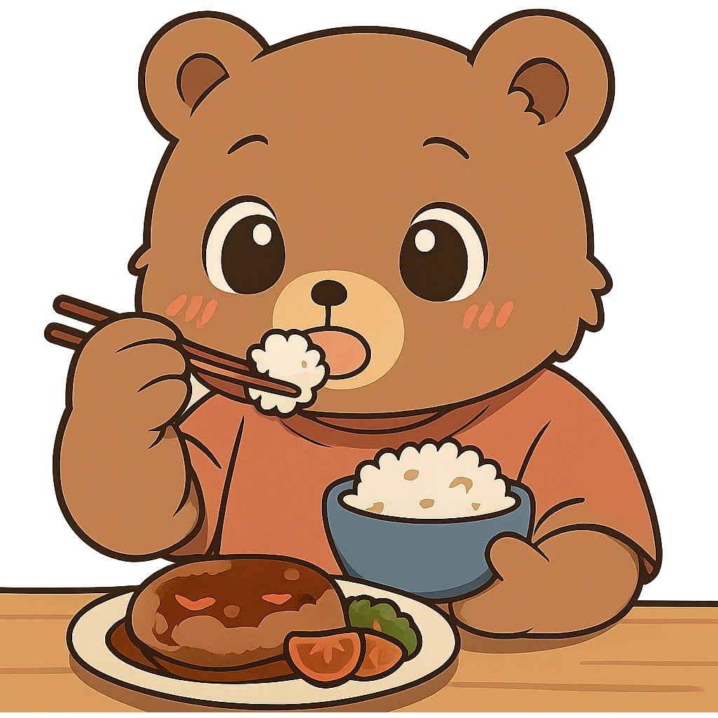 Make the anime style bear eating cuter by giving it bigger eyes and a rounder face. Keep no background. The style should remain anime-like. emoji