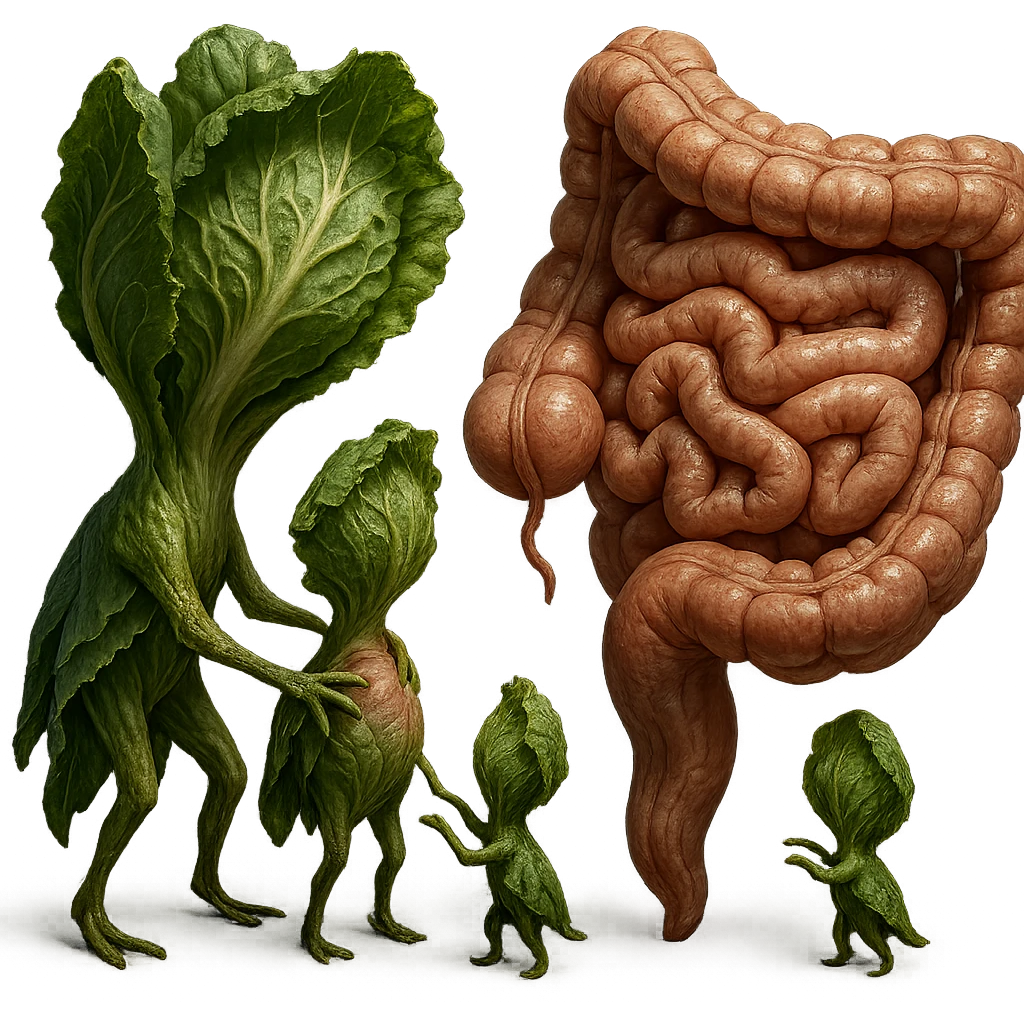 Ultra-realistic 4K illustration: stylized lettuce leaves depicted as plant-like creatures interacting with a human anatomical model of the intestine. The scene is surreal and scientific, with organic textures, refined biological details, dramatic lighting, and a bio-fantasy photorealistic style emoji