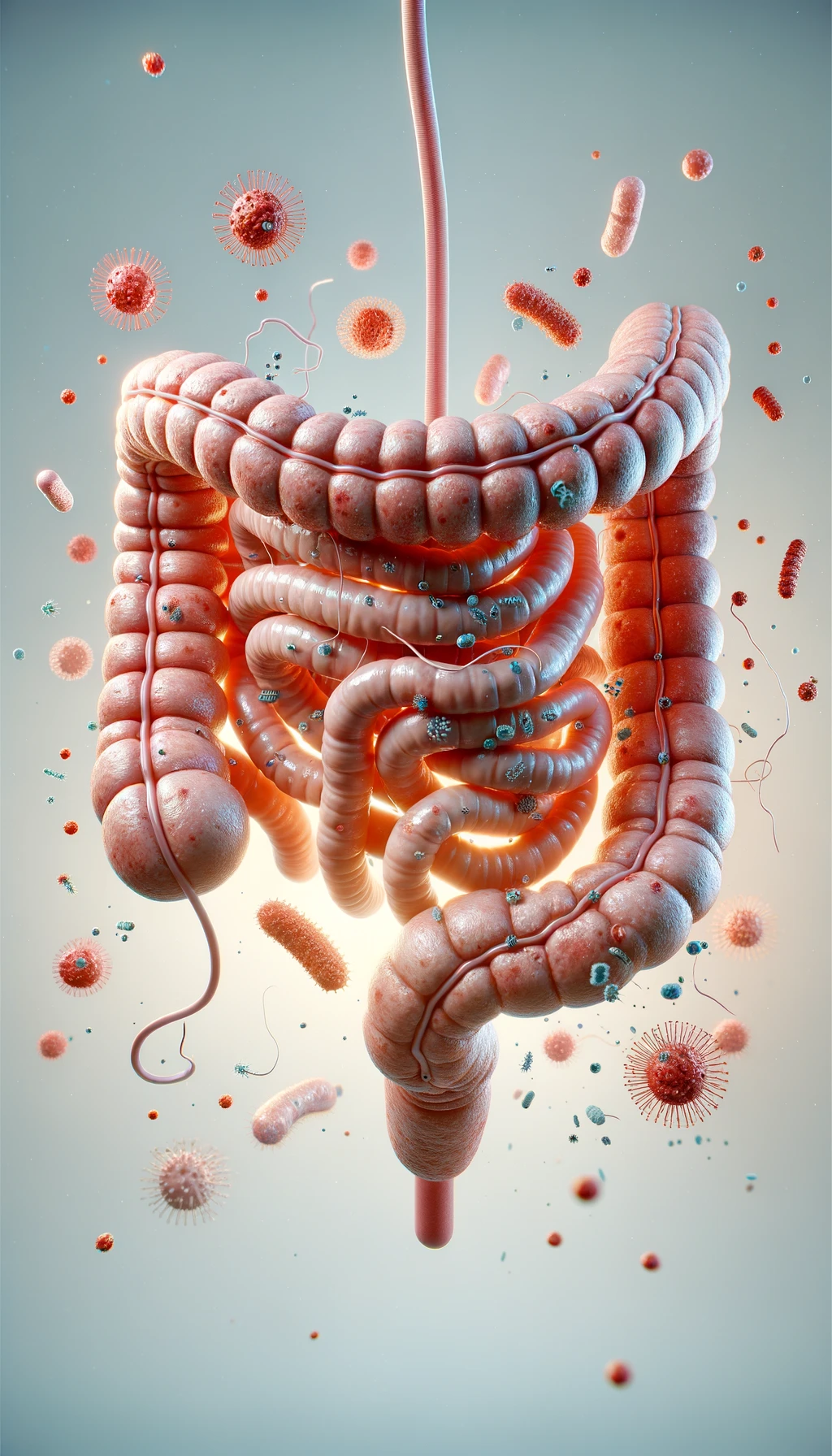 intestino umano realistico con batteri e parassiti che gli fluttuano intorno, sfondo chiaro, iperrealistico 4k emoji