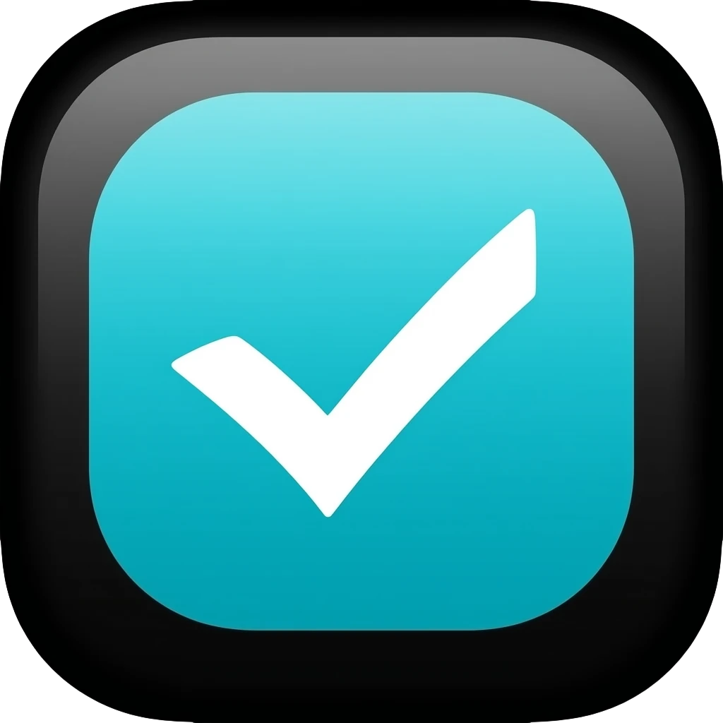 A minimalist 2D flat icon of a checkmark. A solid bright cyan (#4ED2E3) circle centered on a pure black background. Inside the circle, a thick, rounded white checkmark. Clean lines, vector style, high contrast, professional graphic design emoji