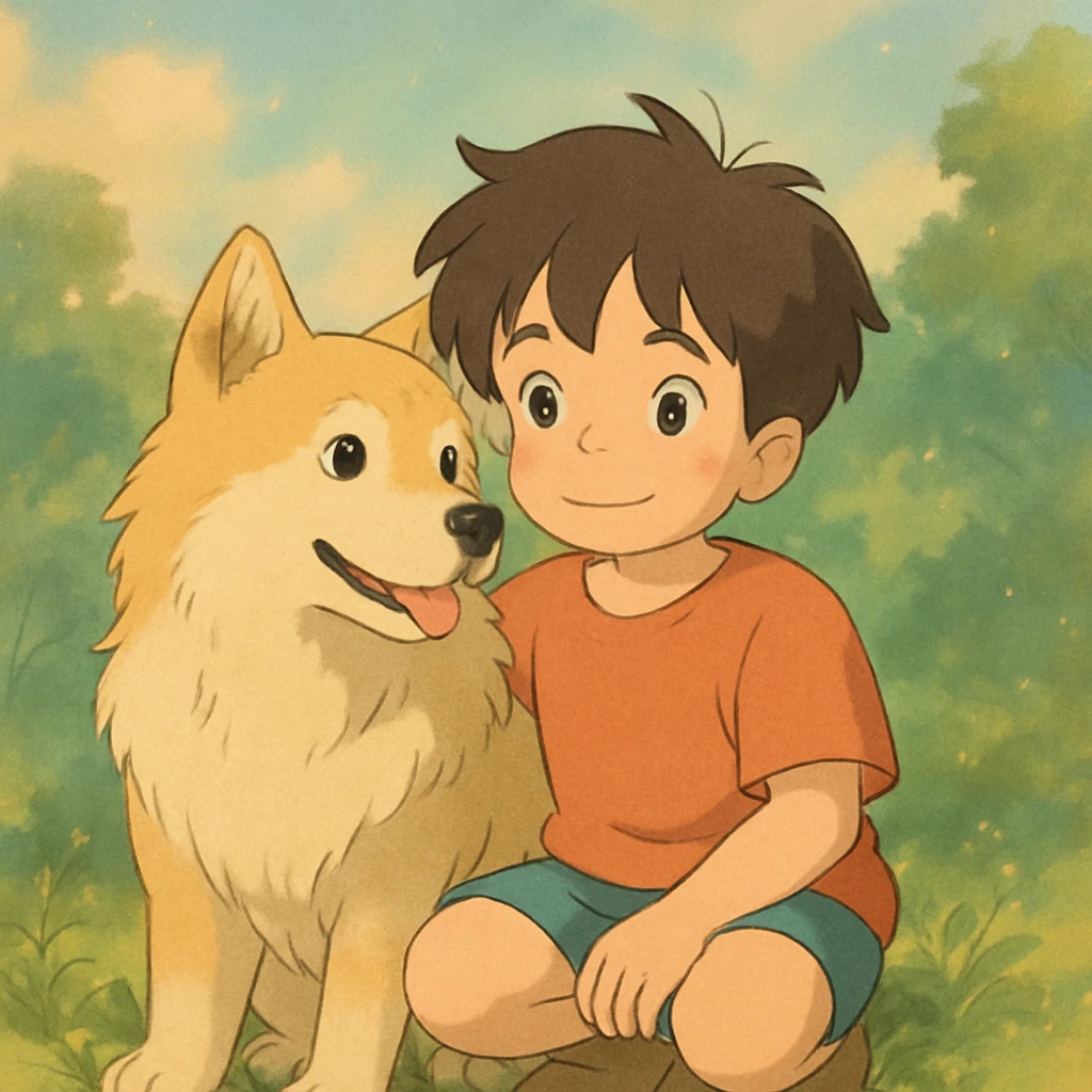 kid and his pet dog in studio ghibili style emoji