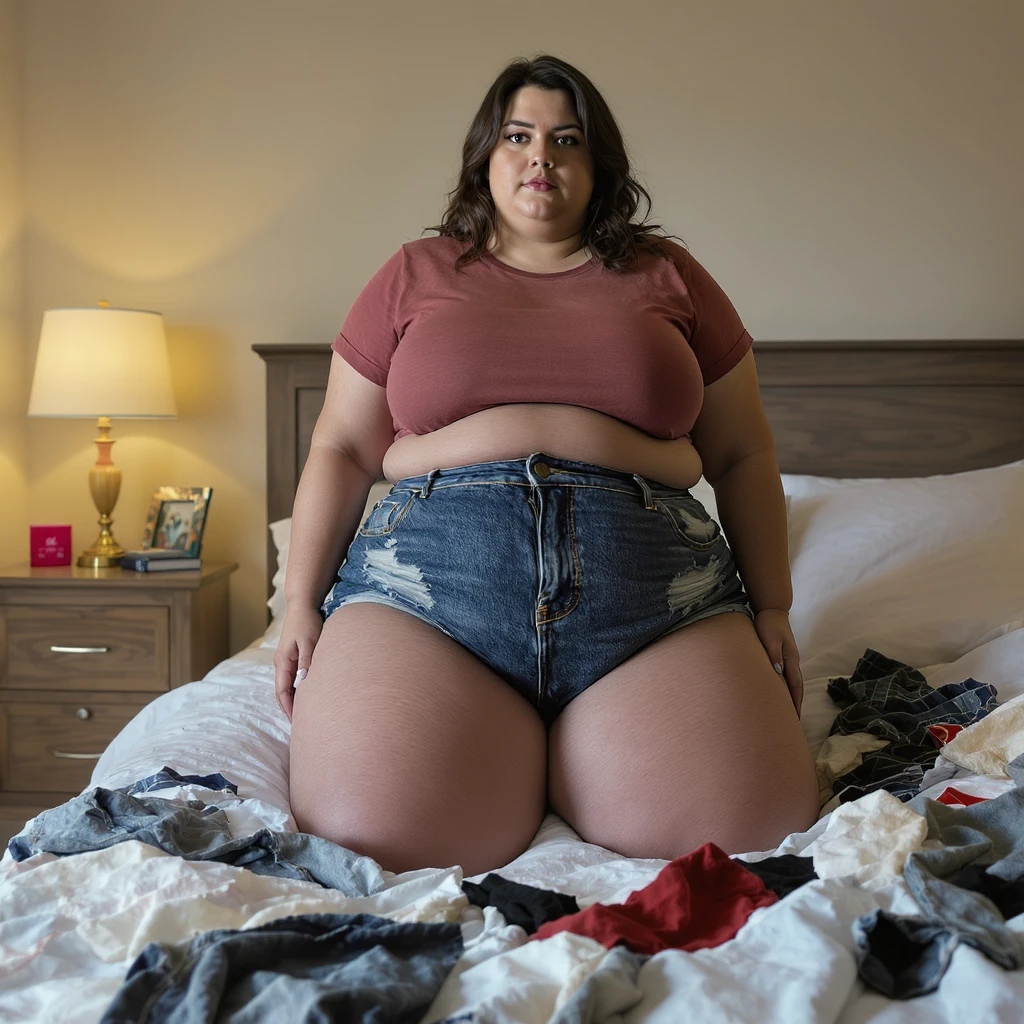 realistic plus-size woman in bedroom, jeans won't fit over swollen balloon-like thighs, seams bursting, clothing scattered, vertical orientation emoji
